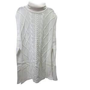 Women Cable Knit Turtleneck Poncho Sweater White Size XL(Runs Small Fits Like L)